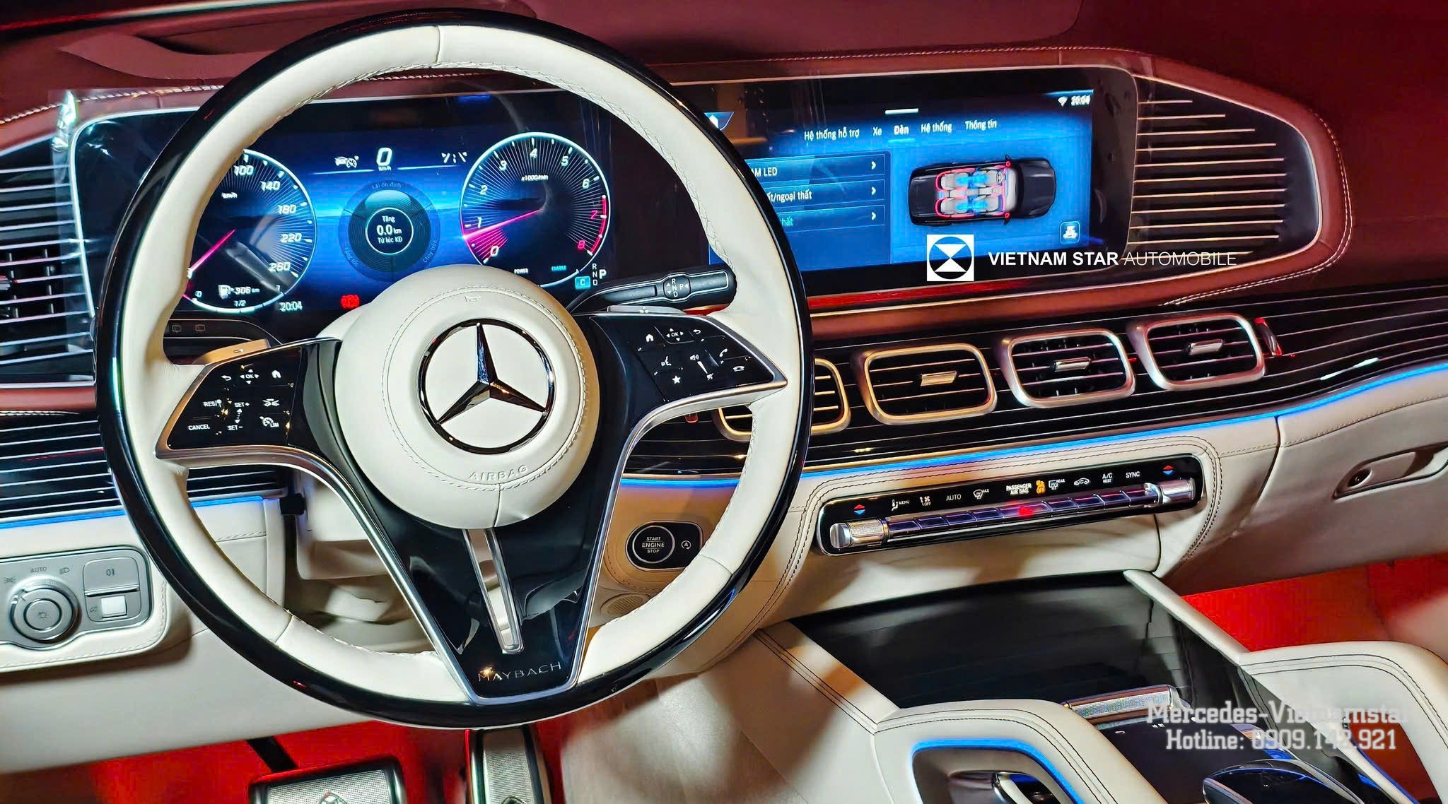 Vô lăng bọc da Nappa phối gỗ cao cấp tích hợp nút cảm ứng trên Mercedes-Maybach GLS 600.